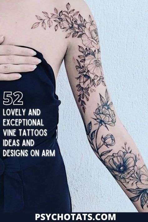 52 Lovely and Exceptional Vine Tattoos Ideas and Designs On Arm - Psycho Tats Tattoo Ideas Plants And Flowers, Climbing Rose Tattoo, Vining Plant Tattoo, Flower Vine Tattoos For Women, Tattoo Vines And Flowers, Minimalist Sleeve Tattoo, Flower Vine Tattoo Arm Sleeve, Vine Flower Tattoo, Vine Tattoos For Women