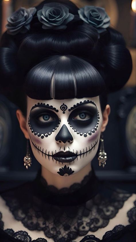 Mexican Catrina Makeup, Candy Skull Makeup, Sugar Skull Art Drawing, Halloween Makeup Sugar Skull, Day Of The Dead Mask, Sugar Skull Artwork, Halloween Digital Art, Halloween Makeup Diy, Skeleton Makeup