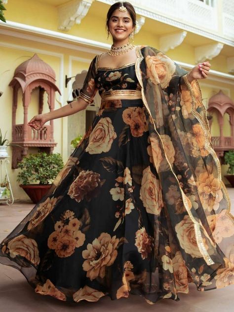 Black Lehenga Black Floral Lehenga, Lehenga Traditional, Black Lehenga Choli, Lehenga Choli Designs, Lehenga Choli For Women, Choli For Women, Black Lehenga, Indian Lehenga Choli, Floral Lehenga