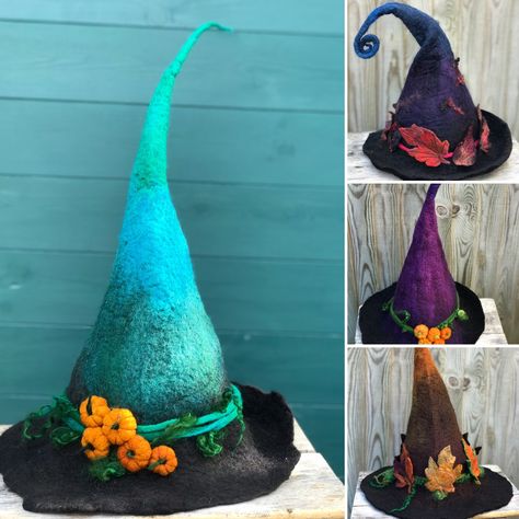 Hedge Witch Costume, How To Make Felt Witch Hat, Diy Felt Witch Hat, Clay Witches Hat, Witch Hat Felt, Felted Witch Hat, Felted Witches Hat, Witches Costume, Felt Witch Hat