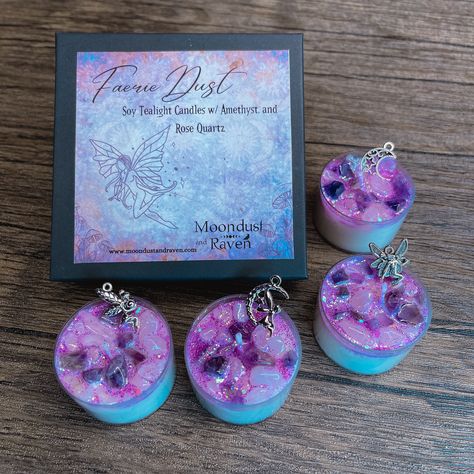 "Our Fairy Dust tealight candles are decorated with a crescent moon charm 3 fairy charms, and crystal chips (rose quartz and amethyst). 100% natural soy wax. Unscented Candle Safety and care: ~ Never leave a burning candle unattended. ~ Place candle on the lid or other heat resistant surface while burning. ~ Keep candles away from children and pets. ~ Trim the wick to 1/4\" before burning each time. ~ The first time you burn your candle, let it burn until the entire top has melted. ~ Some larger Fairy Candle, Wicca Candles, Candles Ritual, Dried Flower Candles, Witchy Candles, Fairy Candles, Yule Gift, Sweet Candles, Candle Ideas