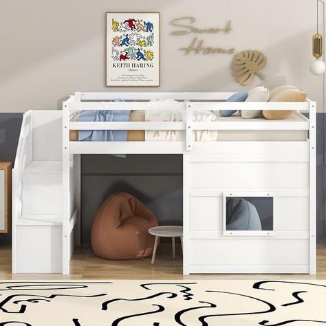 Playful Design Twin Size Loft Bed with Storage Staircase and Window - Bed Bath & Beyond - 39085720 Loft Bed With Storage, Toddler Loft Beds, Storage Staircase, Childrens Bunk Beds, Wooden Double Bed, Double Bed With Storage, Bed Stairs, Daybed With Drawers, Unique Bed