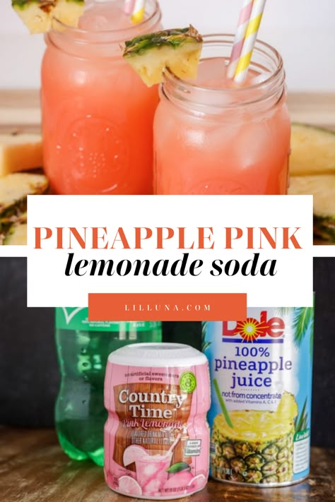 All-time Favorite Party Drink - this Pink Drink recipe (aka Baby Shower Punch) takes a minute to make and is made with 3 ingredients including  -  pink lemonade dry mix, sprite, & pineapple juice! #pineapplepinklemonadedrink #pinklemonade #pineapplelemonadedrink #pinkdrink #partypunch Lemonade Pineapple Juice Sprite, Pineapple Pink Lemonade Soda, Princess Party Punch Recipes, Country Time Lemonade Recipe Party Ideas, Sparkling Pink Punch, Pineapple Mango Lemonade Recipe, Beach Punch Non Alcoholic, Summer Drinks Nonalcoholic Pitcher, Pixie Punch Recipe