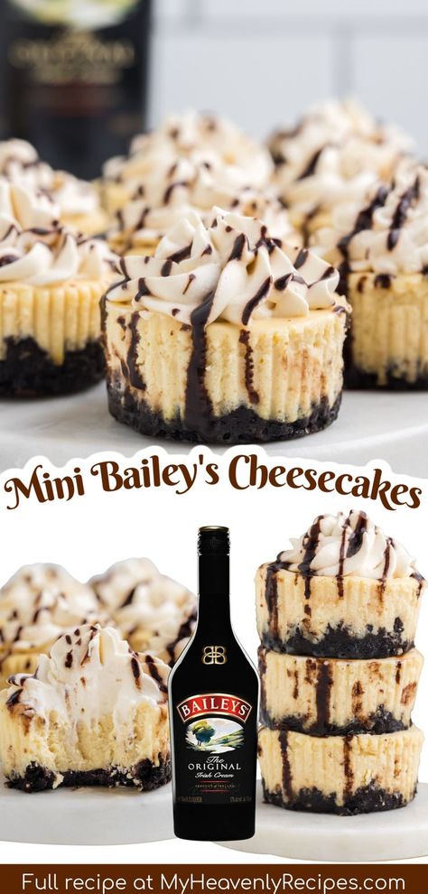 Mini Bailey's Cheesecakes- yummy christmas dessert or anytime of year. Baileys irish cream cheesecakes. How to make mini cheesecakes. Fun xmas holiday dessert treat idea. Easy recipe. New years eve dessert idea. My Heavenly Recipes, New Years Eve Dessert, Baileys Cheesecake, Heavenly Recipes, Baileys Recipes, New Year's Desserts, Crafty Morning, Alcoholic Desserts, Mini Cheesecake Recipes