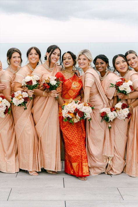 Beautiful Indian Wedding Party Bride and Bridesmaids | hindu wedding inspo, hindu wedding ceremony, indian wedding inspo, modern indian bride, wedding aesthetic indian, north indian wedding, desi bridesmaids, indian wedding couple photography, wedding photography poses, south asian wedding planner, beautiful indian wedding picture, boston wedding florist, south asian wedding ideas, south asian wedding, boston wedding designer, indian wedding outfits, Mandap design, Hindu wedding decorations South Indian Wedding Aesthetic Decor, Hindu Wedding Bouquet, Hindu Bridesmaids Outfits, Tamil Bridesmaid, Hindu Wedding Aesthetic, South Indian Wedding Aesthetic, Wedding Aesthetic Indian, Hindu Tamil Wedding, South Indian Bridesmaids