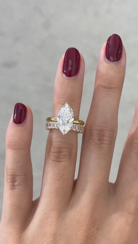 Marquise Two Tone Solitaire paired with our Emerald Yellow Gold Contour Band ✨✨ Two Toned Wedding Rings, Wedding Bands With Marquise Ring, Marquise Engagement Ring With Band, Solitaire Marquise Engagement Ring, Marquise Diamond Ring Settings, Vintage Marquise Engagement Ring, Bonnie Jewelry, Gold Marquise Ring, Simple Wedding Band