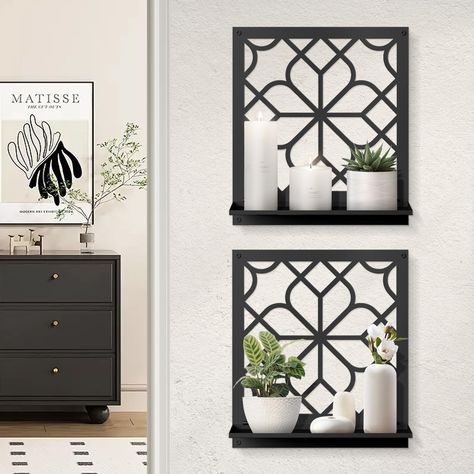 PRICES MAY VARY. Aesthetic Design: Our minimalist retro line metal wall art decor, featuring a set of two candle sconces, exudes a strong sense of beauty. These pieces are sure to catch everyone's eye and add a touch of vintage charm to your space. Unique Decor: Showcase your artistic talents by pairing these black metal wall candle holders with various rustic ornaments. Whether adorned with candles, jars, vases, small plants, or other decorative items, they create unique rustic wall decor for y Metal Items Home Decor, Wall Art Over Toilet, Entry Hall Wall Decor, Big Bathroom Wall Decor, Black Living Room Wall Decor, Pictures To Hang In Bathroom, Black And White Bathroom Wall Art, Wall Decor Design Bedroom, Church Bathroom Decor