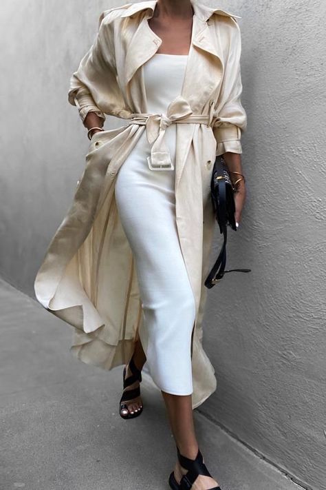 Ecru Outfit, Linen Trench Coat, Cardigan Blazer, Trench Coat Outfit, Coat Outfit, Coat Outfits, Mode Inspo, Kimono Fashion, Minimal Fashion