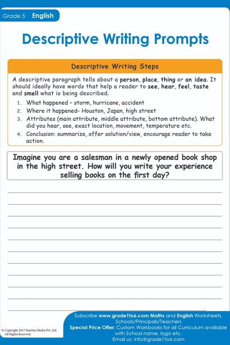 Lots of Descriptive writing worksheets with prompts in www.garde1to6.com that spark students imagination. Imagine you are a salesman in a book shop, write your experience selling books on your first day. Subscribe to www.grade1to6.com for just $25 a year to get 6000 plus Maths and English worksheets for Grade 1 to Grade 6 #mathworksheets #schoolprincipals #englishworksheets Grade 5 English Worksheets, 6th Grade Writing Prompts, Easy Writing Prompts, Descriptive Writing Prompts, Grade 5 English, English Worksheets For Grade 1, 1st Grade Writing Worksheets, Printable Writing Prompts, Journal Prompts For Teens