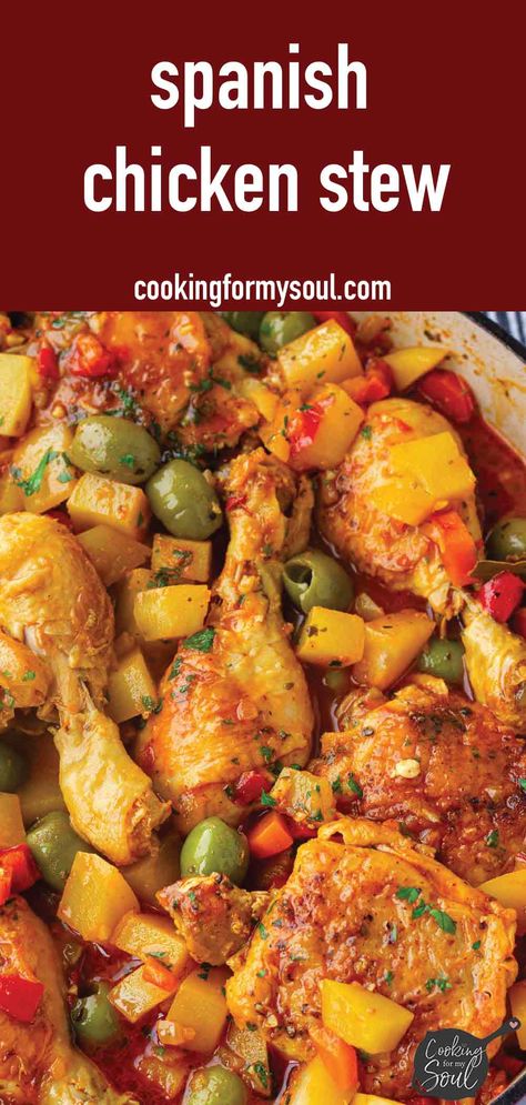 Spanish Chicken Stew Green Olive Chicken, Spanish Chicken And Potatoes, Spanish Stew Recipes, Spanish Chicken Stew Puerto Rico, Cuban Chicken Stew, Chicken Drumstick Stew, Stewed Chicken Thigh Recipes, Chicken Leg Stew Recipes, Chicken And Potato Stew