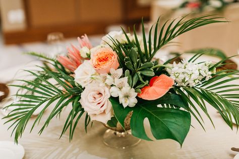 Tropical centerpiece Tropical Flower Arrangements Centerpieces, Hawaiian Centerpiece, Hawaiian Centerpieces, Tropical Jungle Wedding, Tropical Theme Wedding, Bridal Dinner, Tropical Floral Wedding, Tropical Wedding Centerpieces, Modern Tropical Wedding