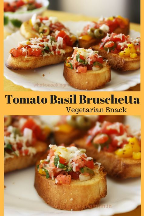 Bruschetta makes a yummy appetizer perfect to serve your guests or as a light snack with soup. #appetizer #vegetarian #snack #recipe #bruschetta #easyrecipe Recipes Using Bread, Sweet Potato Appetizers, Quick Snack Ideas, Breakfast Toasts, Indian Vegetarian Food, Crostini Appetizers, Potato Appetizers, Pasta Per Pizza, Tomato Bruschetta