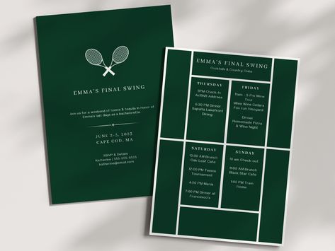 This Last Swing bachelorette invitation template features classic fonts and a simple design inspired by a tennis court. The original design boasts a dark green color palette but you can change the colors or swap out the background to match your event color palette! Our Cocktails & Country Clubs Invitation Template is the perfect choice for your upcoming tennis bachelorette weekend or country club-themed bachelorette party. This editable and printable invitation template will add a touch of elegance and excitement to your event. Update the template with your itinerary and details and get ready for a weekend of tennis & tequila to celebrate the bride-to-be! This template is 100% editable using a free account on Canva.com that allows you to access links to your templates immediately after pur Dark Green Color Palette, Tennis Bachelorette, Tennis Wedding, Bar Concept, Tennis Birthday, Bachelorette Invite, Tennis Party, Bachelorette Invitation, Bachelorette Themes