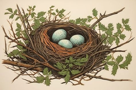 Birds Nest Illustration, Bird Nest Illustration, Bird Nest Drawing, Seeds Illustration, Weaver Bird Nest, Nest Illustration, Underglaze Ideas, Seed Illustration, Vintage Bird Illustration