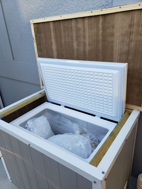 Built this chest freezer enclosure to match shed and keep freezer out of view and elements Deep Freezer Island, Outdoor Deep Freezer Cover, Mud Room With Deep Freezer, Built In Freezer Cabinet, Deep Freezer Hide, Outdoor Freezer Storage, Built In Chest Freezer, Outdoor Freezer Cover, Freezer Cover Ideas