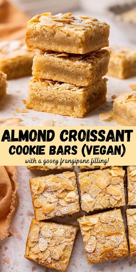 Vegan almond cookie bars inspired by classic almond croissants! These bars have layers of a soft and chewy almond cookie, gooey frangipane filling and crunchy almond topping. Almond Coconut Bars, Elegant Vegan Desserts, Scandinavian Almond Bars, Vegan Almond Butter Cookies, Vegan Baked Desserts, Vegan Desserts Fall, Vegan Blondies Recipe, Healthy Vegan Dessert Recipes, Vegan Wedding Desserts