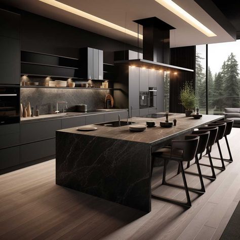 Modern Dark Kitchen, Dark Modern House, Modern Black Kitchen, Dark Modern, Black Interior Design, Dark Kitchen, Luxury Kitchen Design, Kitchen Inspiration Design, Luxury Kitchens