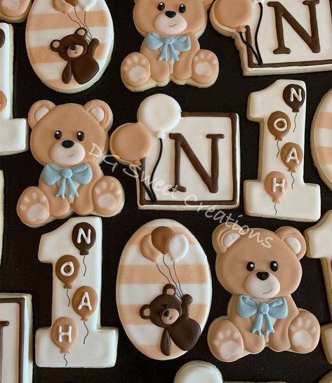 Bear 1st Birthday - 12 Cookies Teddy Bear 1st Birthday Cookies, Decorated Teddy Bear Cookies, Beary 1st Birthday Cookies, Teddy Bear Theme Cookies, Bear Cookies 1st Birthday, Teddy Bear Birthday Cookies, Bearly One Party, Bear First Birthday Cookies, Bear Shower Cookies