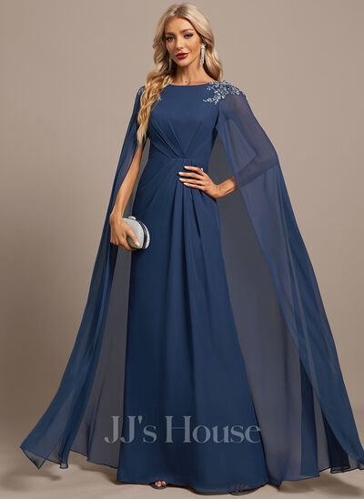 [US$ 159.00] Sheath/Column Scoop Floor-Length Chiffon Evening Dress With Pleated Appliques Lace (017292115) Barn Weddings, Dress With Cape Gowns Evening, Classy Maxi Dress, Elegant Wedding Guest Dress, Classy Gowns, Chiffon Evening Dress, Evening Dresses With Sleeves, Dresses Formal Elegant, Dress Unique