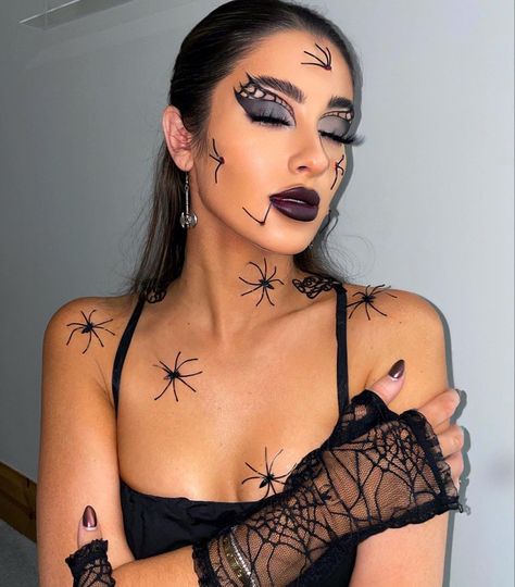 Halloween Makeup, Spider Simple Spider Web Makeup, Techno Halloween Costumes, Spider Queen Makeup Halloween, Spider Make Up Easy, Spider Women Halloween Costume, Costume Spider, Spider Queen Halloween Costume, Spidergirl Halloween Costume, Spider Costumes For Women