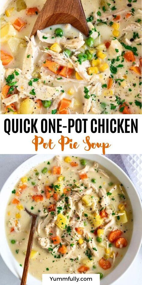 Chicken Pot Pie Soup is comfortable in a bowl! It’s easy to make, rich, creamy, and full of fresh vegetables. It’s the perfect way to use leftover rotisserie chicken and the perfect simple dinner idea that checks all the boxes when you want something quick yet delicious and satisfying! Rotisserie Chicken Recipes Leftover, Rotisserie Chicken Soup, Leftover Rotisserie, Simple Family Meals, Canned Soup, Chicken Pot Pie Soup, Pot Pie Soup, Easy Chicken Pot Pie, Homemade Soup Recipe