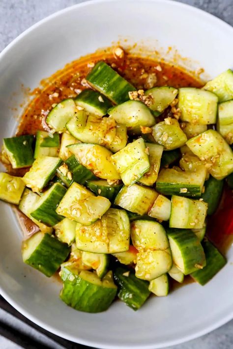 Smacked Cucumber with Chili Oil | Pickled Plum Smacked Cucumber, Tart Savory, Korean Cucumber Salad, Korean Cucumber, Spicy Cucumber Salad, Cucumber Kimchi, Cucumber Salad Recipe, Korean Side Dishes, Crunchy Salad