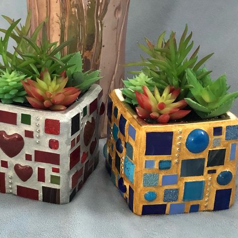 Handmade mosaic flower planters with artificial succulent plants: 4”x 4”x 4.5” Diy Mosaic Garden, Leftover Tile, Mosaic Square, Mosaic Planters, Christmas Mosaics, Pot Decor, Mosaic Art Diy, Mosaic Pots, Mosaic Flower Pots