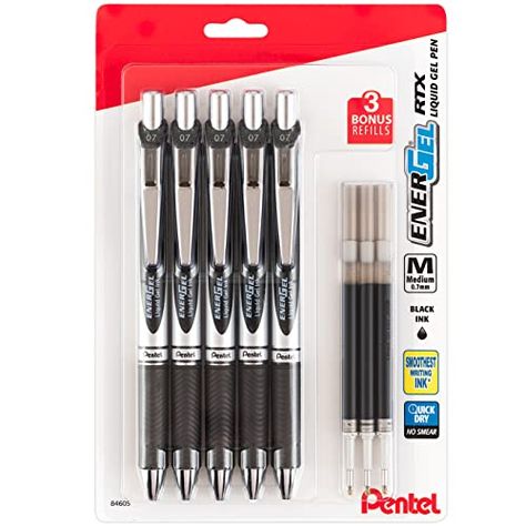 Pentel EnerGel Liquid Gel Ink Pens 0.7 mm - Pack of 5 Black Deluxe RTX Pens with 3 Refills Pentel Energel Pens, Energel Pens, Pentel Energel, Black Paper Drawing, Liquid Ink, Black Liquid, Gel Ink Pens, Ink Pens, Retail Market