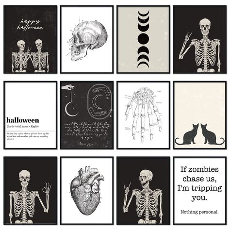 PRICES MAY VARY. Set of 12 - There are totally 12pcs wall art prints in skeleton theme design, each have different patterns, and measures 11 x 14inch, suitable for wall decoration or photo frames.(The wall art prints are UNFRAMED.) Funny Design - Our wall art prints take Halloween and skeleton as the theme, printed with related patterns, the funny skull patterns are abstract and aesthetic, and letter Happy Halloween is quite fit the festive atmosphere. Waterproof & Durable - Our wall art prints Zombies, Halloween Vintage Art, Halloween Gallery Wall, Skeleton Wall Art, Skeleton Theme, Halloween Skeleton Decorations, Funny Skull, Funny Wall Decor, Infinite Art