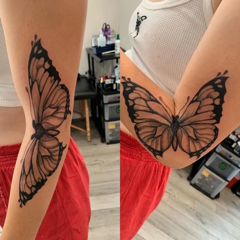 Butterfly Arm Fold Tattoo, Butterfly In Arm Tattoo, Butterfly Tattoo Near Elbow, Elbow Crease Tattoo Inner Butterfly, Butterfly Tattoo That Opens On Elbow, Butterfly Elbow Bend Tattoo, Butterfly Opening Wings Tattoo Elbow, Butterfly Knee Bend Tattoo, Sleeve Tattoos Butterflies