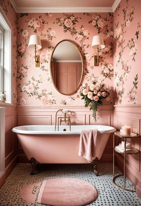 22 Trendy Pink Bathroom Designs To Copy 17 Dark Pink Bathroom Walls, Pink Clawfoot Tub, Floral Wallpaper Bathroom, Victorian Bathroom Vintage, Bathroom Decor Pink, Romantic Bathroom, Pink And Black Bathroom, Pink Bus, Vintage Pink Bathroom