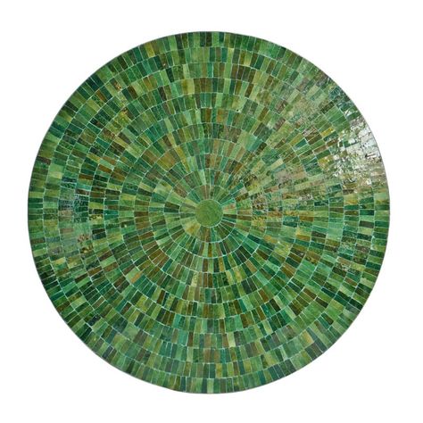 Beautiful indoor/outdoor hand crafted mosaic tile coffee table with black iron barrel base. Stunning green variations in a large pinwheel design pattern. Solid cement top lifts off base for moving. Each table will have natural variations and imperfections inherent to the materials and handmade nature. Mosaic Table Top Designs, Green Mosaic Tile, Mosaic Outdoor Table, Mosaic Patio Table, Tile Coffee Table, Outdoor Mosaic, Pinwheel Design, Interior Objects, Stone Garden Paths