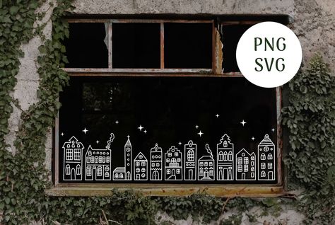 Christmas Window Picture Christmas Window Decoration - Etsy Netherlands Christmas Village Window Art, Winter Window Display, Christmas Shop Window, Christmas Window Decoration, Window Picture, Christmas Window Painting, Window Mural, Window Display Retail, Christmas Window Stickers