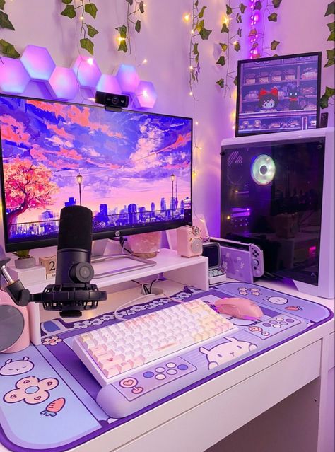 Purple Gaming Setup, Gamer Vibes, Setup Inspiration, Kawaii Room Ideas, Girly Office, Play Place, Gamer Setup, Gamer Room Decor, Pc Setups