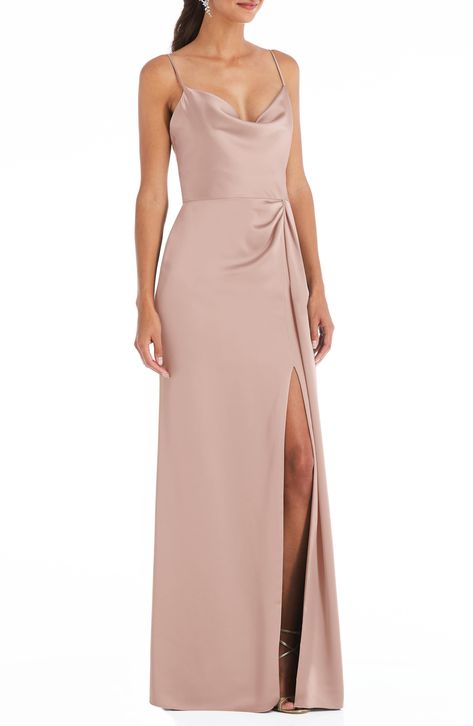 Dessy Collection Cowl Neck Evening Gown available at #Nordstrom Toasted Sugar, Maxi Cocktail Dress, Charmeuse Dress, Dessy Collection, Charmeuse Fabric, Faux Wrap Skirt, Maxi Bridesmaid Dresses, Wrap Maxi Dress, Infinity Dress