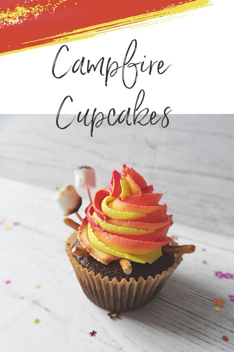 Fire Pit Cupcakes, Camp Cupcakes Ideas, Healthy Woodland Party Food, Campfire Cupcakes Camping Birthday, Campfire Themed Desserts, Camping Cupcake Toppers, Camping Theme Treats, Camping Theme Dessert Table, Outdoor Cupcakes Ideas