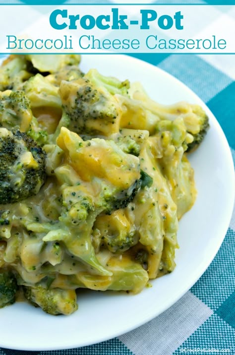 Crock-Pot Broccoli Cheese Casserole - If you are looking for a quick and easy slow cooker side dish then you are going to want to try this recipe for Crock-Pot Broccoli Cheese Casserole today! Broccoli and cheese combine for a flavorful cheesy dish that everyone will love! [Vegetarian, Low Cholesterol, Low Carb, High Fiber, Low Sugar & Weight Watchers friendly!] #CrockPotLadies #CrockPot #SlowCooker #Casserole #SideDishes #Broccoli #5IngredientsOrLess #Vegetarian #WeightWatchers Frozen Broccoli Crockpot Recipes, Frozen Broccoli Crockpot, Crockpot Broccoli And Cheese, Crockpot Vegetables, Broccoli And Cheese Casserole, Crockpot Broccoli, Broccoli Cheese Casserole Recipe, Crockpot Side Dishes, Slow Cooker Broccoli