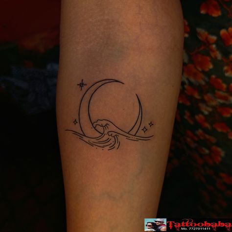 Moon Stars Water Tattoo, Moon With Waves Tattoo, Water And Moon Tattoo, Moon Beach Tattoo, Moon Waves Tattoo, Ocean And Moon Tattoo, Wave And Moon Tattoo, Moon And Water Tattoos, Moon And Waves Tattoo