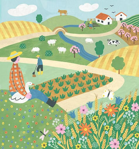 Cute Farm Illustration, Farm Illustration Design, Rural Illustration, Hills Illustration, June Illustration, Farm Mural, Farm Drawing, Village Illustration, Farm Illustration