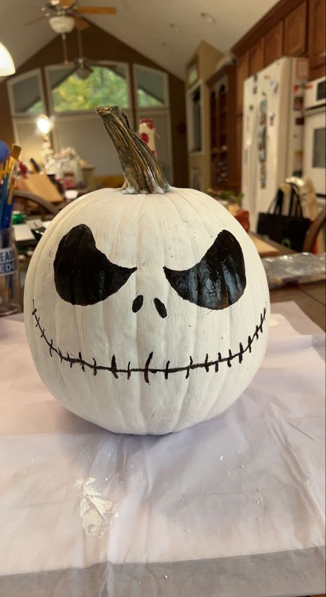 Skeleton Painting Pumpkin, Carving And Painting Pumpkins Ideas, Painted Pumpkin Skeleton, Jack Skelton Pumpkin, Pain Pumpkin Ideas, What To Paint On A White Pumpkin, Painting Pumpkins Jack Skellington, Painted Nightmare Before Christmas Pumpkins, Pumpkin Painting Skeleton