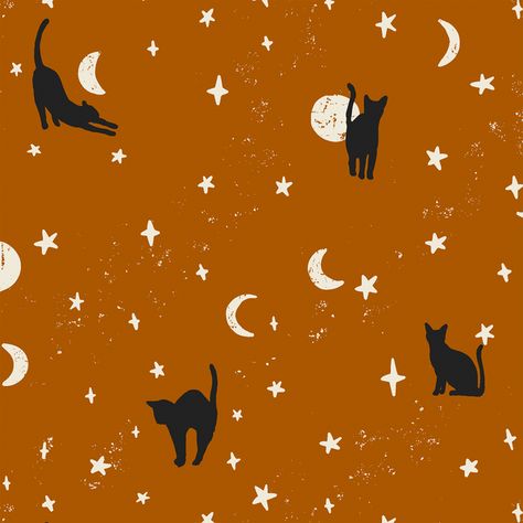 Large Moonstruck Cats in Burnt Orange | Hawthorne Supply Co Burnt Orange Wallpaper, Wallpaper Fall, Spooky Costumes, Travel Crafts, Halloween Inspo, Indie Sewing Patterns, Orange Wallpaper, Cat Silhouette, Halloween Inspiration