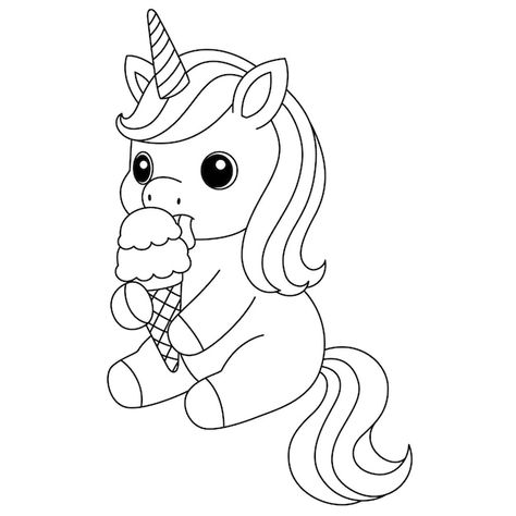 Kawaii, Cute Kawaii Unicorn, Unicorn Outline, Ice Cream Coloring Pages, Animal Outline, Kawaii Unicorn, Free Business Card Mockup, Eating Ice, Colouring Page