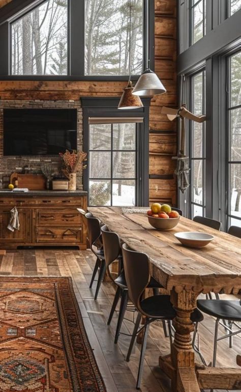 Family Cabin Interior, Dining Table Log Cabin, Forest Cabin Modern Interior, Sundance Home Decor, Canadian Cabin Interior, Cabin Home Design, Aspen Cabin Interior, Cedar Cabin Interiors, Cottage Cabin Interior