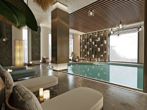 Spa Decor Ideas, Social Space Design, Elegant Pool, Pool Seating, Indoor Pool Design, Spa Interior Design, Spa Interior, Spa Decor, Modern Shapes