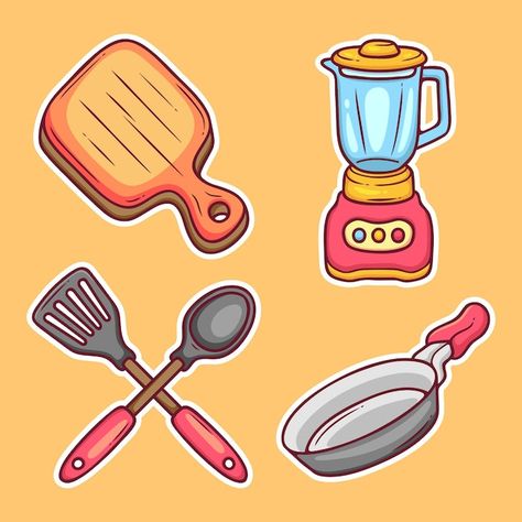 Kitchen Tools Illustration, Kitchen Tools Drawing, Vector Kitchen, Kitchen Tools And Equipment, Kitchen Elements, Kitchen Drawing, Fridge Stickers, Easy Pixel Art, Wallpaper Doodle