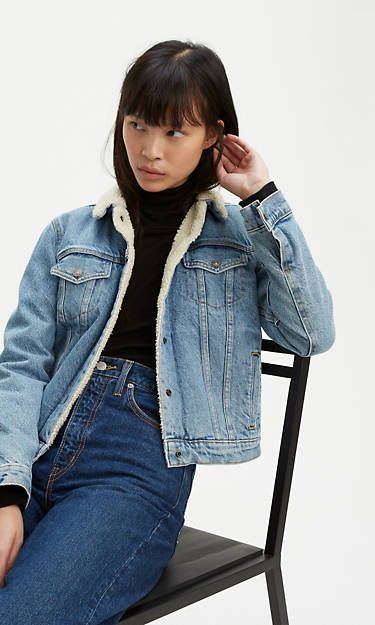 Original Sherpa Trucker Jacket - Medium Wash | Levi's® US Levis Sherpa Jacket Women Outfit, Jean Sherpa Jacket Outfit, Sherpa Jean Jacket Outfit, Trucker Jacket Outfit, Sherpa Jacket Outfit, Levis Sherpa Jacket, Mens Jeans Guide, Cozy Car, Sherpa Jean Jacket