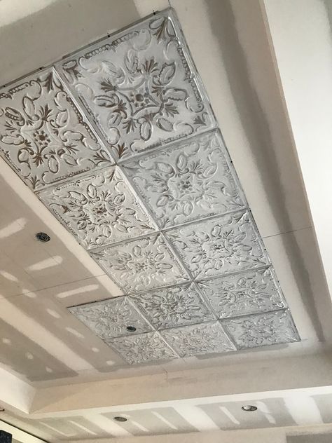 Blog: How to Paint & Distress Tin Tiles| American Tin Ceilings Painted Tin Ceiling, Painted Tin Ceiling Tiles, Tin Ceiling Kitchen, White Tin Ceiling, Bedroom Ceiling Ideas, Ceiling Tiles Painted, Ceiling Tiles Bathroom, Tin Tile Backsplash, Plastic Ceiling Tiles