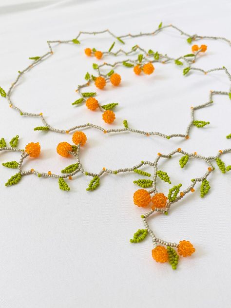 Long Seed Bead Necklace Ivy Necklace With Oranges and Green | Etsy Ivy Necklace, Orange Statement Necklace, Seed Bead Flowers, Wrap Necklace, Boho Choker, Wrap Necklaces, Summer Necklace, Beaded Wraps, Necklace Beaded