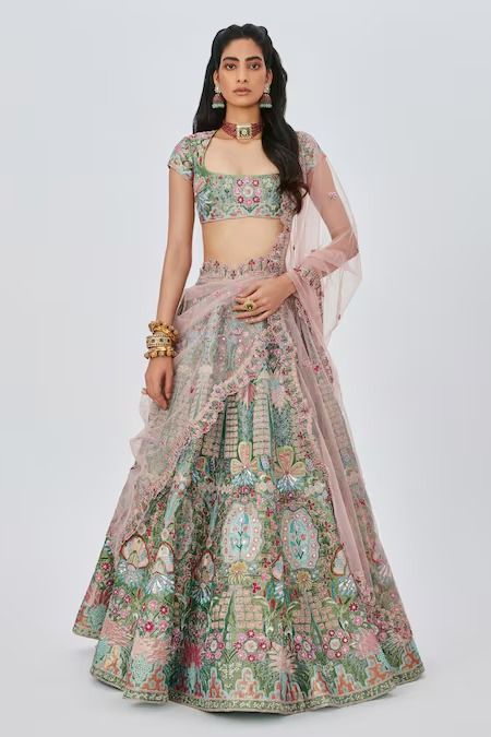 Buy Green Tissue Embellished Floral Parisa 16 Kali Bridal Lehenga Set For Women by Aisha Rao Online at Aza Fashions. Kali Lehenga, Tissue Lehenga, Scallop Dupatta, Aisha Rao, Lehenga With Blouse, Blouse Yoke, Floral Applique, Bridal Lehenga, Indian Outfits