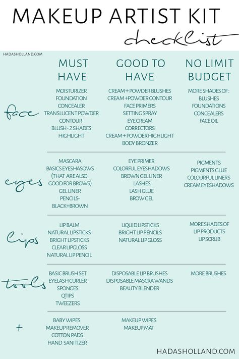 professional makeup kit essential. here is a makeup artist kit check list for beginners! building your pro makeup kit on a budget! check out my blog for more makeup artist freelance tips! hadasholland.com #hadasholland #makeupkit #promakeupkit #makeupartist Makeup Studio Must Haves, Makeup Artist Product List, Makeup Artist Beginner, Makeup Essentials For Beginners List, Makeup Kit Essentials Professional, Makeup Beginner Tips, Makeup Artist Tips And Tricks, Makeup Artist Supply List, Tips For Makeup Artists